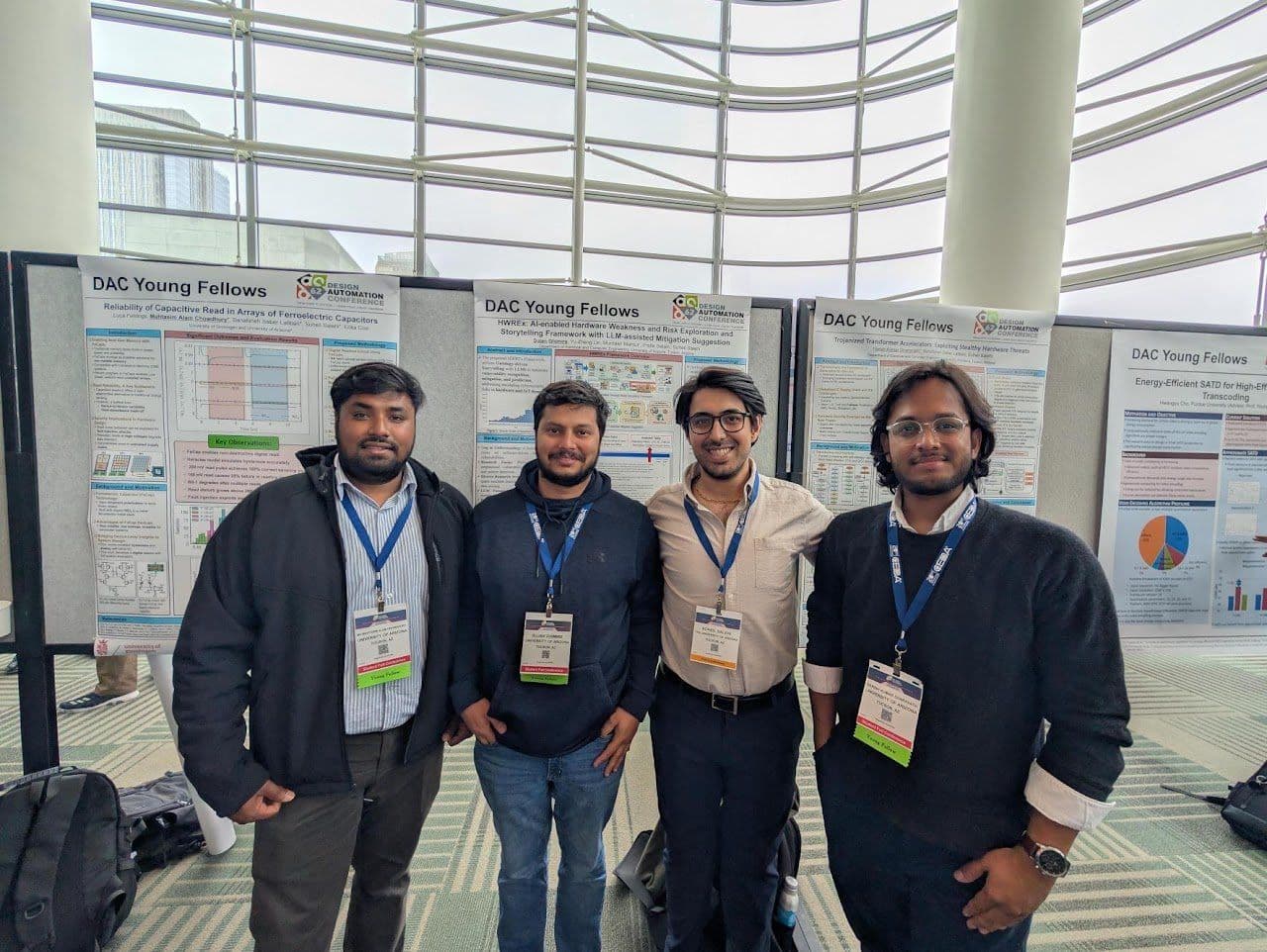 Sujan Ghimire with fellow DAC Young Fellows in front of the Young Fellows poster boards at DAC 2025.